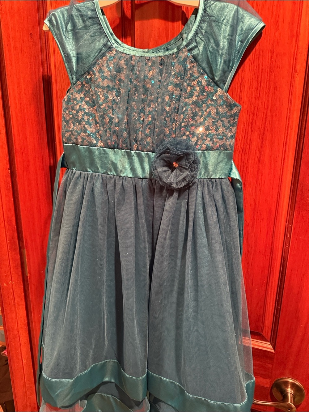 Jona Michelle Teal Sequin Tulle Flower Waist Dress